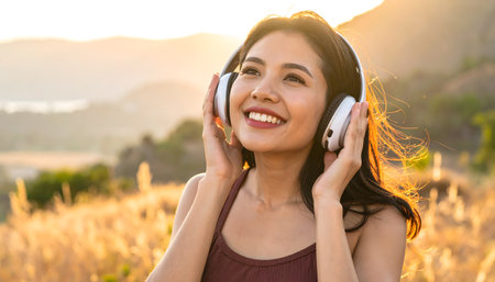 Beautiful asian woman listening to music with headphones in the fieldの素材