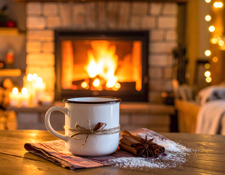 Cup of hot drink on a wooden table in front of a fireplaceの素材