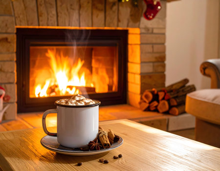 Cup of hot chocolate with marshmallow on wooden table in front of fireplaceの素材