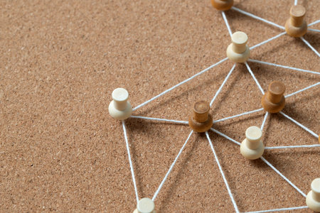 Wooden pushpins connected by white string on a corkboard, illustrating a social network, people connection, or concept map.の写真素材