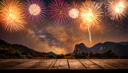 An image featuring a vibrant firework display illuminating a dramatic sunset sky over a dark, rocky coastline from the perspective of an rustic wooden deck.の素材