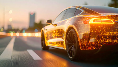 An image of a sleek, silver car speeding down a highway at dusk. The car features a overlay of digital particle effects, symbolizing technology in the transportation industry.の素材