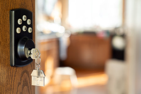 House key with a silver house shaped keychain hanging from a smart lock in a wooden door, open into living room symbolizing welcome or new ownershipの写真素材