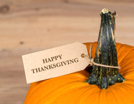 Happy Thanksgiving tag with pumpkin on wooden background, thanksgiving day conceptの素材