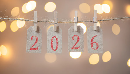 The numbers 2026 are printed in red on four brown tags, which are hung from a piece of twine with wooden clothespins against a warm, glowing bokeh background of festive lights.の素材