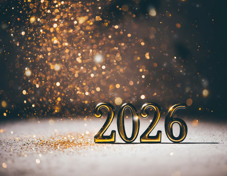 Elegant sparkling 2026 set against a shimmering glittering background, symbolizing a festive and glamorous New Year celebration filled with joy, hope, and new beginnings.の素材