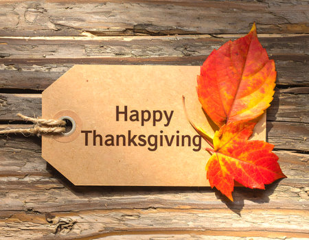 Tag reads Happy Thanksgiving on a rustic wooden surface, decorated with vibrant red and orange autumn leaves, perfect for Thanksgiving message.の素材