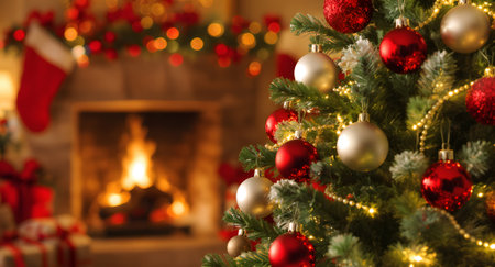 Christmas tree with burning fireplace and gifts on blurred background, closeupの素材