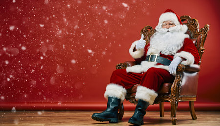 Santa Claus sits comfortably in a chair against a bright red snowy backdrop, smiling warmly and capturing the joyful spirit of the Christmas season.の素材