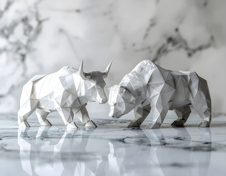 Two polygonal bull and bear sculptures face off on a smooth shiny floor, the picture symbolizes stock market tension and shifting economic sentiment.の素材