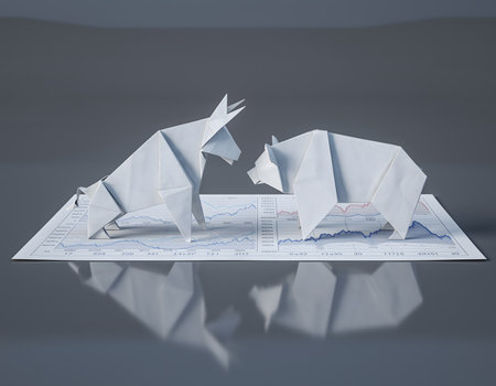Two polygonal bull and bear sculptures face off on a smooth shiny floor, the picture symbolizes stock market tension and shifting economic sentiment.の素材