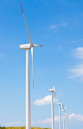 This is a photograph of a wind farm that I have taken in August.の写真素材