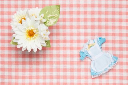 This is a photograph of a miniature maid outfit and flowers.の写真素材