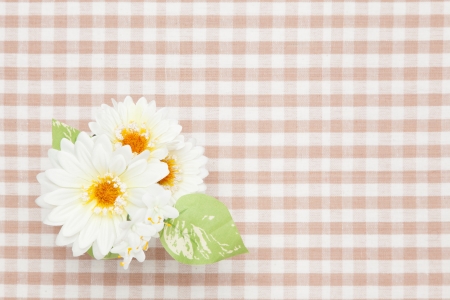 This is a photograph of a white artificial flowers on the table cloth.の写真素材
