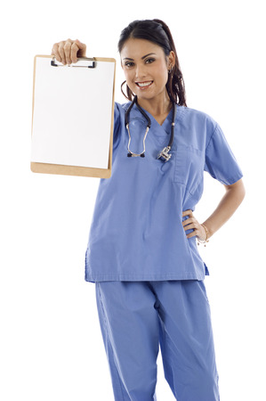 A pretty young Asian woman nurse isolated over white backgroundの写真素材