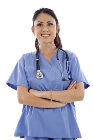 Closeup Portrait of a happy Asian female doctor looking at the camera isolated over white backgroundの写真素材
