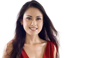 Beautiful Asian woman with copyspace, isolated over white backgroundの写真素材