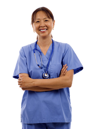 Portrait of smiling mature doctor with stethoscope isolated over white backgroundの写真素材