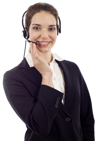 Beautiful business customer service woman - smiling isolated over whiteの写真素材