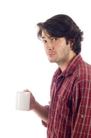 Man holding a cup of something isolated over a white backgroundの写真素材