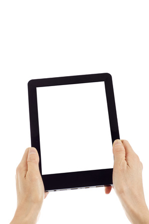Hands holding and point on digital tablet isolated over white backgroundの写真素材