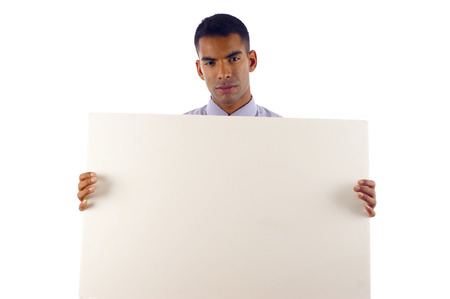 African American / Hispanic  Business Man Displaying a Banner - Isolated over a white backgroundの写真素材