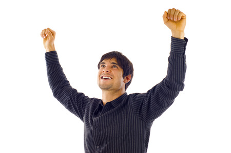 One very happy energetic businessman with his arms raisedの写真素材