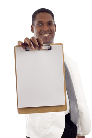 African American doctor holding a clipboard isolated over white backgroundの写真素材