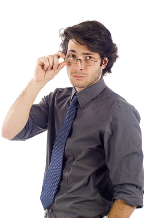 Confident business manwith glasses isoalted over a white backgroundの写真素材