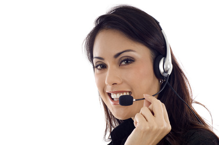 Business customer support operator, Asian woman smiling isolated over white background,  a lot copyspaceの写真素材