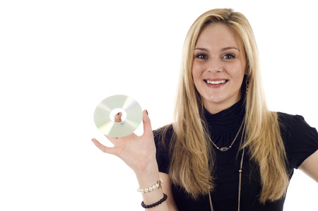Businesswoman holding CD isolated on white, a lot of copyspace.