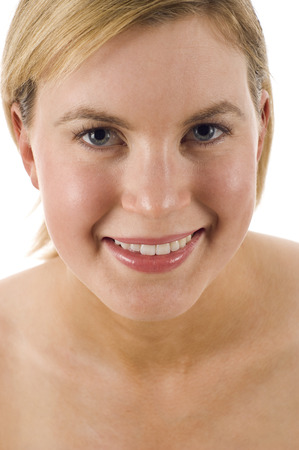 Portrait of sexy caucasian young woman with bared shouldes,isolated over whiteの写真素材