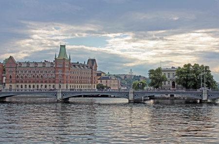 Stockholm Sweden, August 17 2012, View of munkbron taken across the water from Drottninggatanのeditorial素材