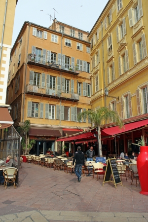 Nice, France, 14th February, 2013, An empty cafe in the spring sun in old town Niceのeditorial素材