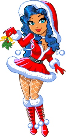 beautiful sexy pretty Christmas girl in santa suit holding mistletoe ready for a holiday xmas kissのイラスト素材