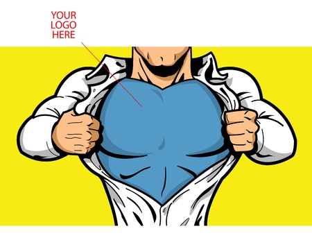 Comic book superhero opening shirt to reveal costume underneath with Your Logo on his chest!のイラスト素材