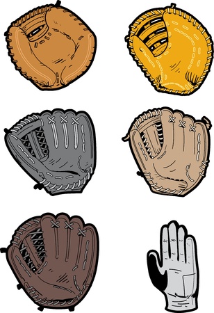 Six Assorted Professional Baseball Glove Types: switch thrower's glove, outfielder's glove, pitcher's glove, infielder's glove, first baseman's glove, catcher's mitt, のイラスト素材