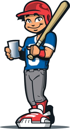 Smiling Baseball Softball Little League Player With Bat, Batter's Helmet and a Drinkのイラスト素材
