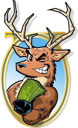 Joke Illustration of Big Bucks, Smiling Buck With Roll of Moneyのイラスト素材