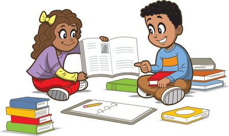 Happy Girl and Boy Sitting on the Floor with a Bunch of Booksのイラスト素材