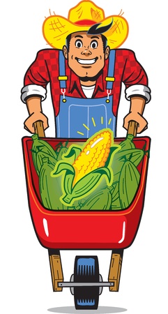 Happy Smiling Corn Farmer with Wheelbarrow Full of Cornのイラスト素材