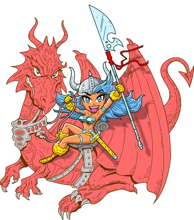 Mythical Girl Dragon Rider with Sword and Spearのイラスト素材