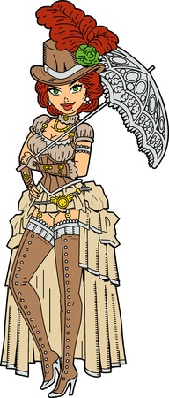 Pretty Steampunk Society Woman With Fancy Parasolのイラスト素材