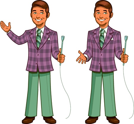 Retro Classic TV Game Show Host with Cheesy Smile and Plaid Jacket, in Two Posesのイラスト素材