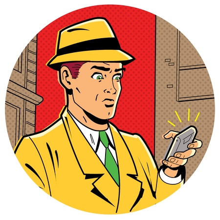 Ironic Satirical Illustration of a Retro Classic Comics Man With a Fedora and a Modern Smartphoneのイラスト素材