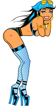 Sexy Bent Over Biker Babe With Bandana and Fishnet Stockingsのイラスト素材