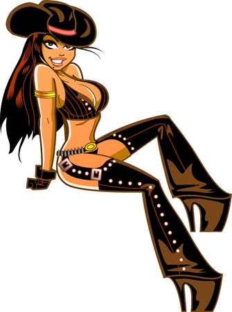 Sexy Smiling Brunette Cowgirl with Chaps Leaning Backのイラスト素材