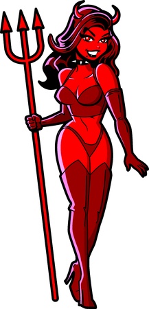 Sexy Smiling Halloween Red Devil Girl With Pitchforkのイラスト素材