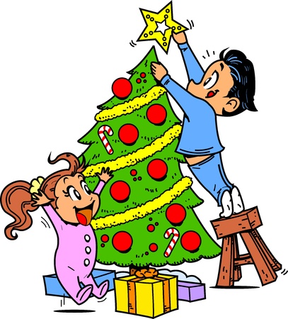 Young Boy and Girl Trimming the Christmas Tree and Putting the Star on Topのイラスト素材