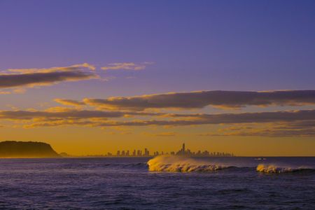 Nature and city at sunsetの写真素材
